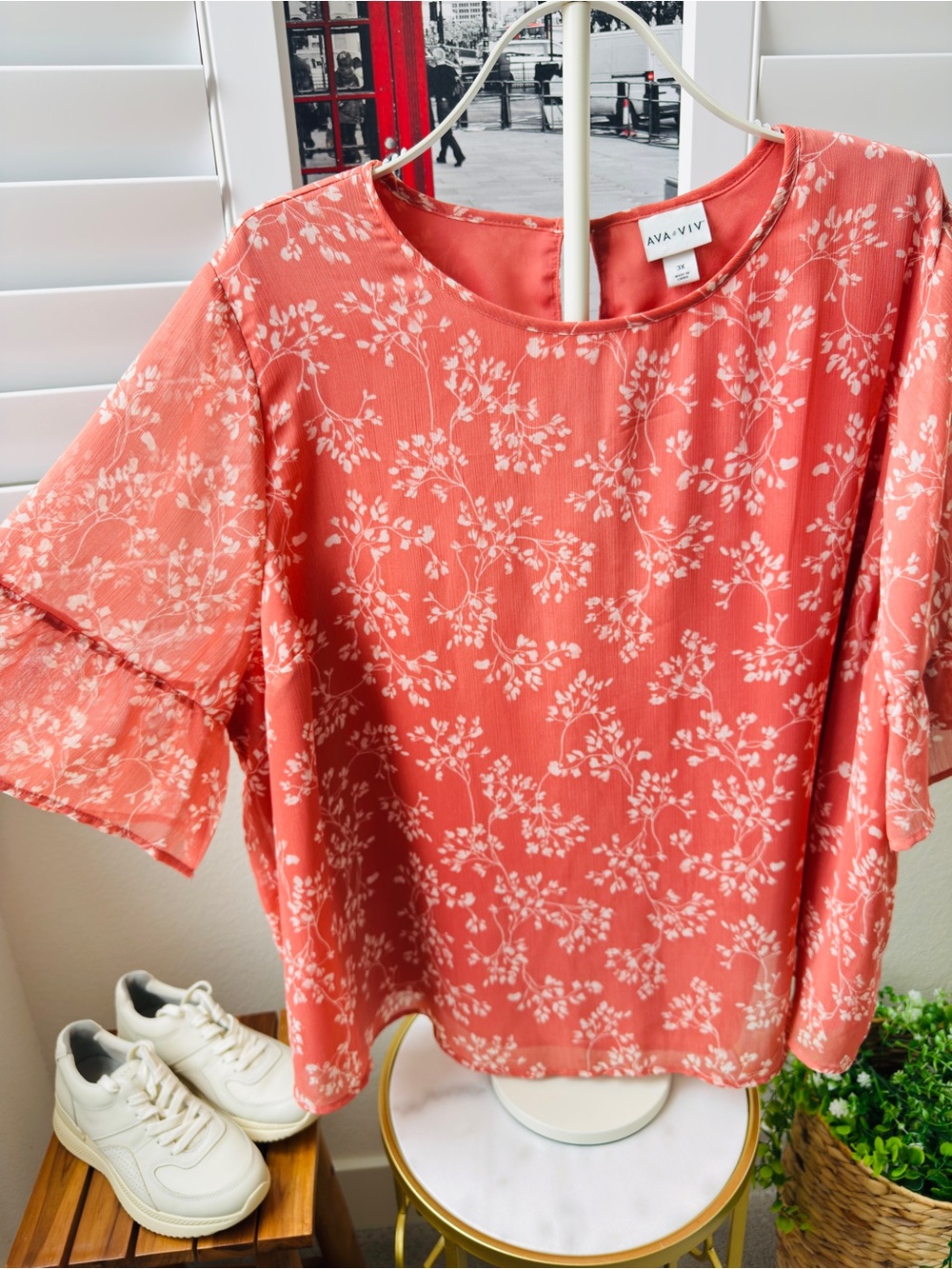 Ava & Viv Coral Floral Ruffle-Sleeve Top - Picture 2 of 5